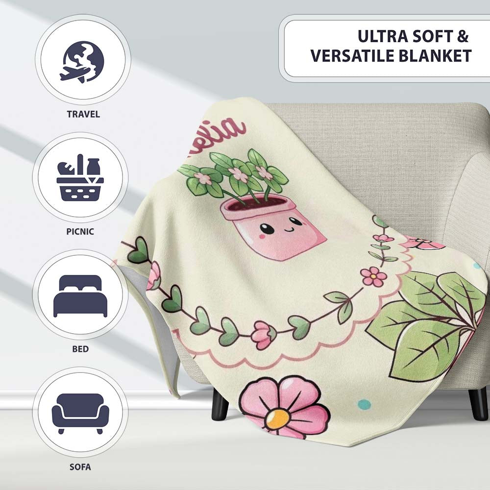 Cute Kawaii Flower Pots Blossom Cream Background Seamless Pattern Personalised Custom Name Super Soft Fleece Blanket Bed Sofa Throw