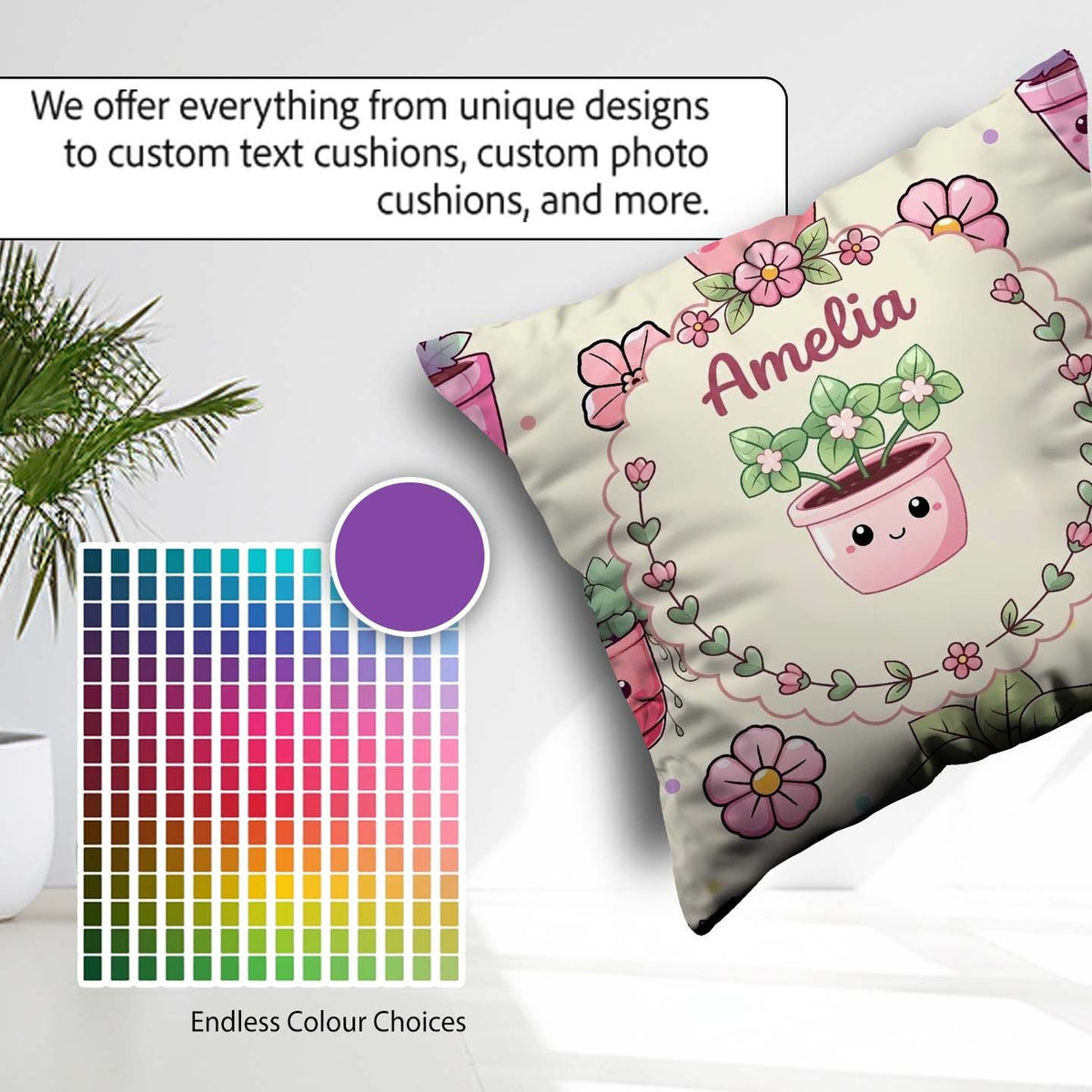Custom Name Kawaii Flower Pots Blossom Cream Background Seamless Square Filled Cushion Throw Pillow Sofa Bed Home Decor Zip Washable UK Made