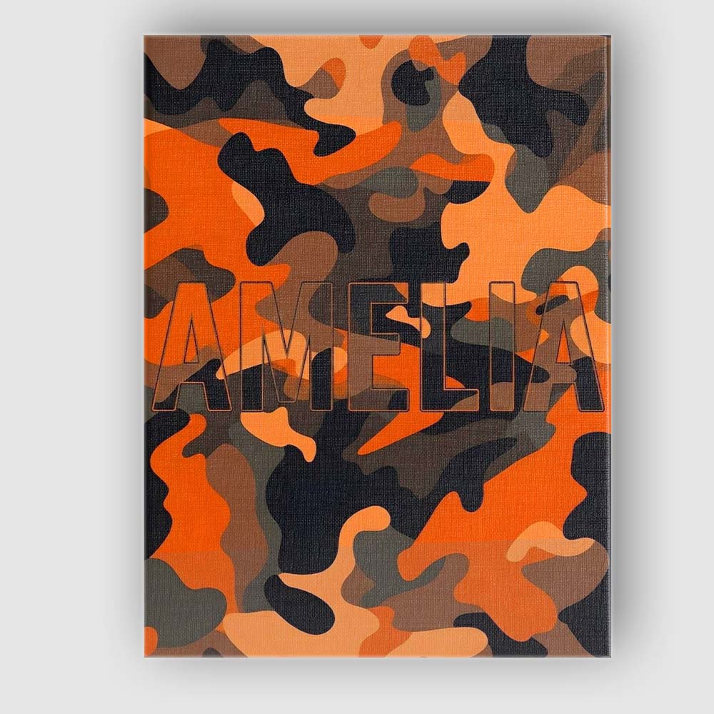 Personalised Name Orange Black Urban Camouflage Bold Seamless Custom Contemporary Display Canvas Wall Art Print Decor Picture Ready to Hang