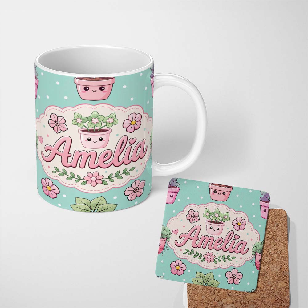 Personalized Custom Name Cute Kawaii Flower Pots Blossom Mint Background Seamless Pattern 11oz Ceramic Coffee Tea Mug White Large Handle