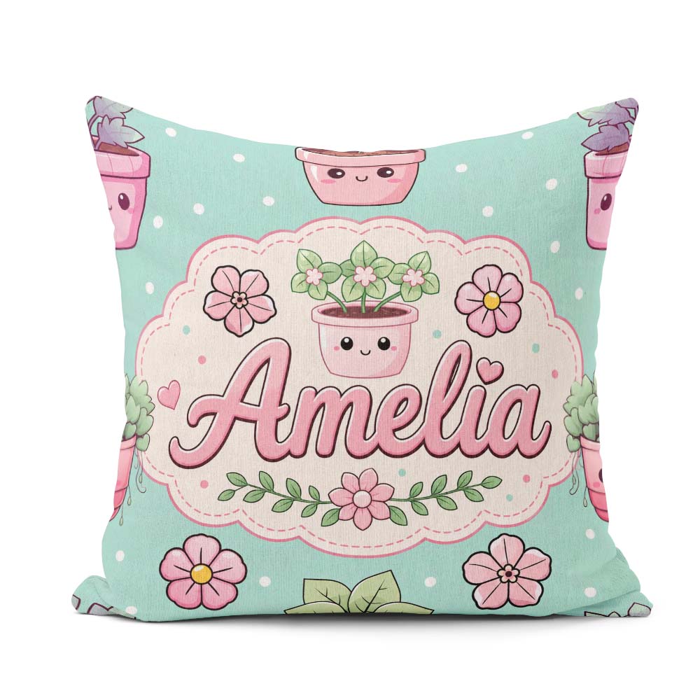 Custom Name Kawaii Pots Blossom Mint Background Seamless Pattern Square Filled Cushion Throw Pillow Sofa Bed Home Decor Zip Washable UK Made