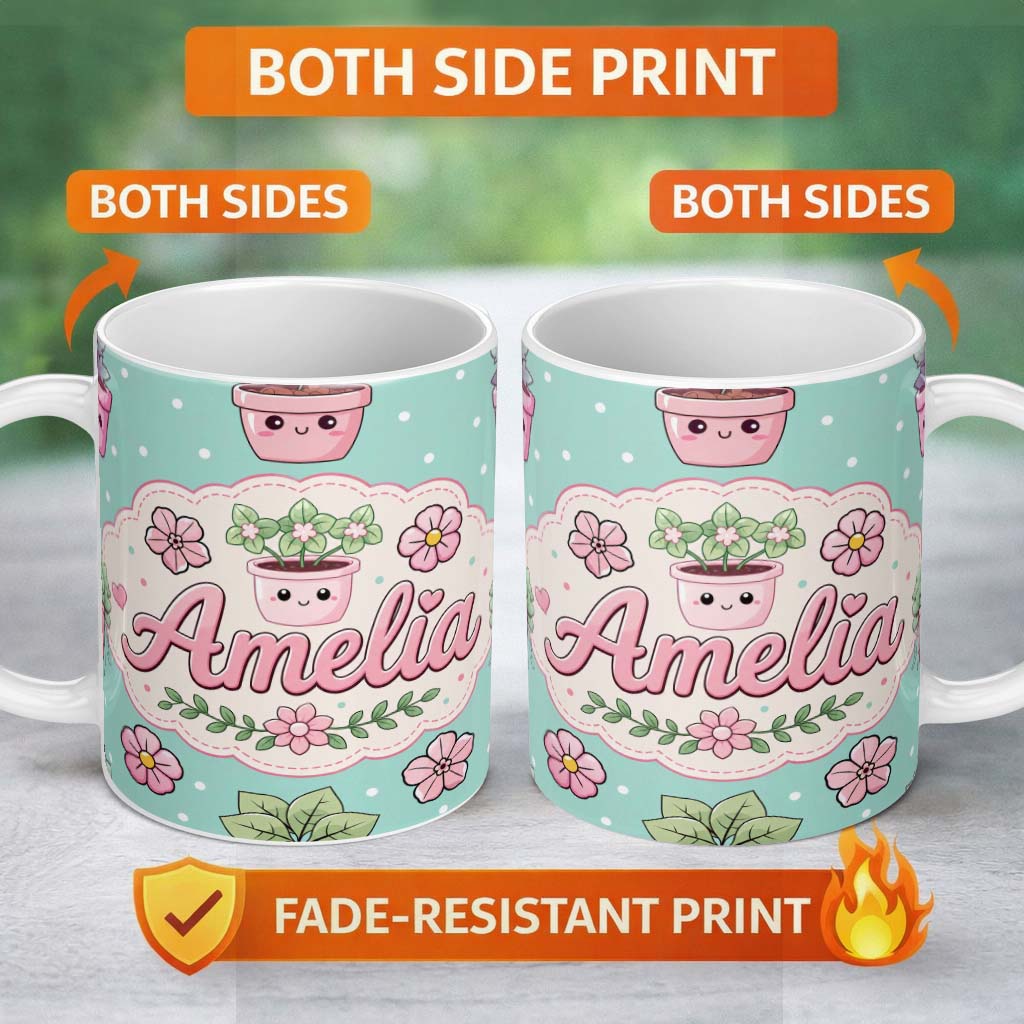 Personalized Custom Name Cute Kawaii Flower Pots Blossom Mint Background Seamless Pattern 11oz Ceramic Coffee Tea Mug White Large Handle