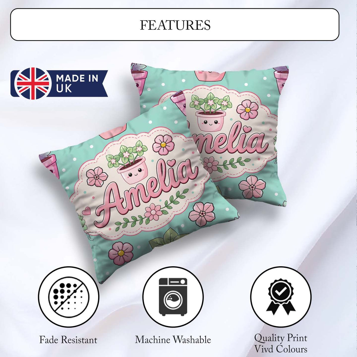 Custom Name Kawaii Pots Blossom Mint Background Seamless Pattern Square Filled Cushion Throw Pillow Sofa Bed Home Decor Zip Washable UK Made