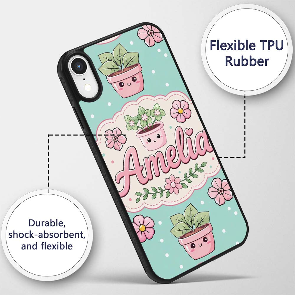Cute Kawaii Flower Pots Blossom Mint Background Custom Name Protective Phone Case Mobile Cover Durable Everyday Smartphone Shock Resistant