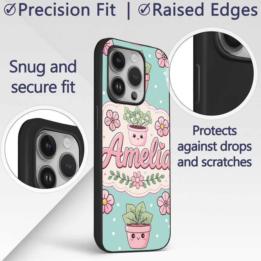 Cute Kawaii Flower Pots Blossom Mint Background Custom Name Protective Phone Case Mobile Cover Durable Everyday Smartphone Shock Resistant