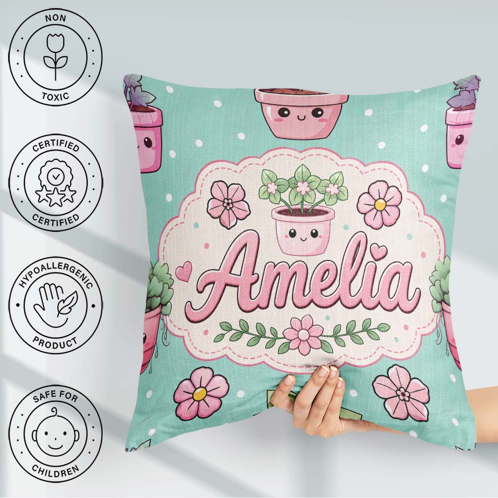 Custom Name Kawaii Pots Blossom Mint Background Seamless Pattern Square Filled Cushion Throw Pillow Sofa Bed Home Decor Zip Washable UK Made
