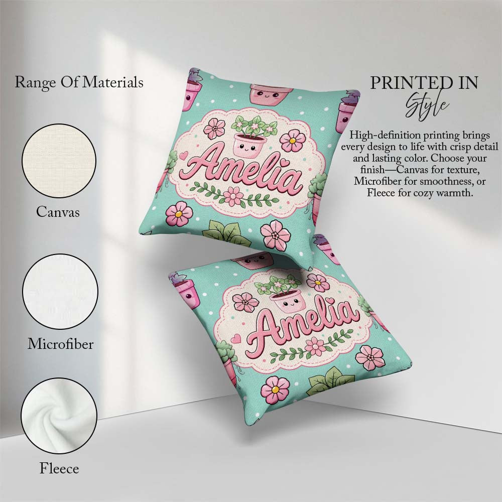 Custom Name Kawaii Pots Blossom Mint Background Seamless Pattern Square Filled Cushion Throw Pillow Sofa Bed Home Decor Zip Washable UK Made