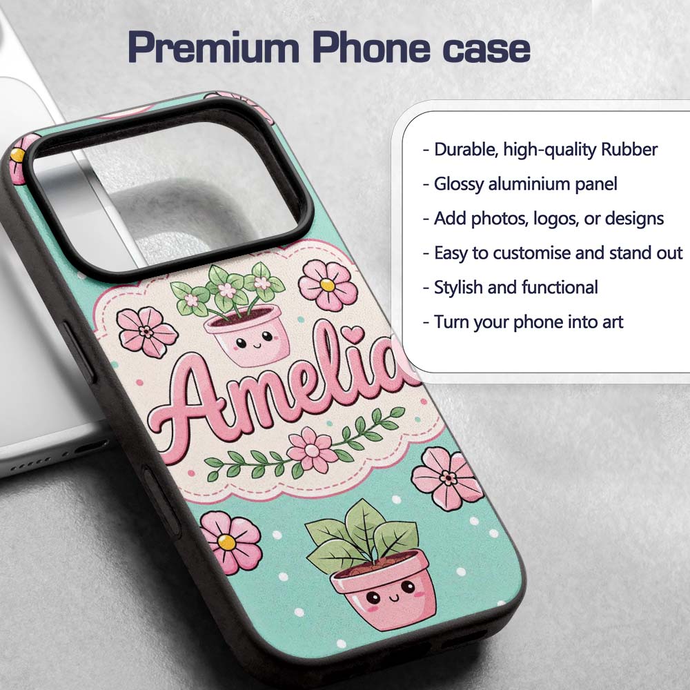 Cute Kawaii Flower Pots Blossom Mint Background Custom Name Protective Phone Case Mobile Cover Durable Everyday Smartphone Shock Resistant