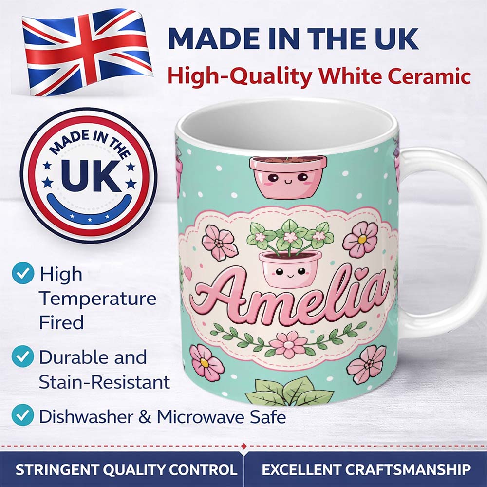 Personalized Custom Name Cute Kawaii Flower Pots Blossom Mint Background Seamless Pattern 11oz Ceramic Coffee Tea Mug White Large Handle