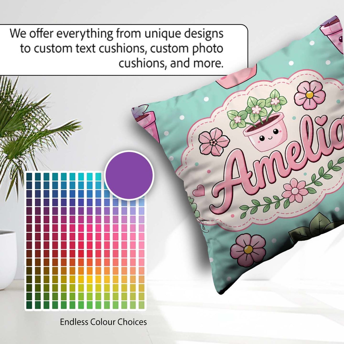 Custom Name Kawaii Pots Blossom Mint Background Seamless Pattern Square Filled Cushion Throw Pillow Sofa Bed Home Decor Zip Washable UK Made