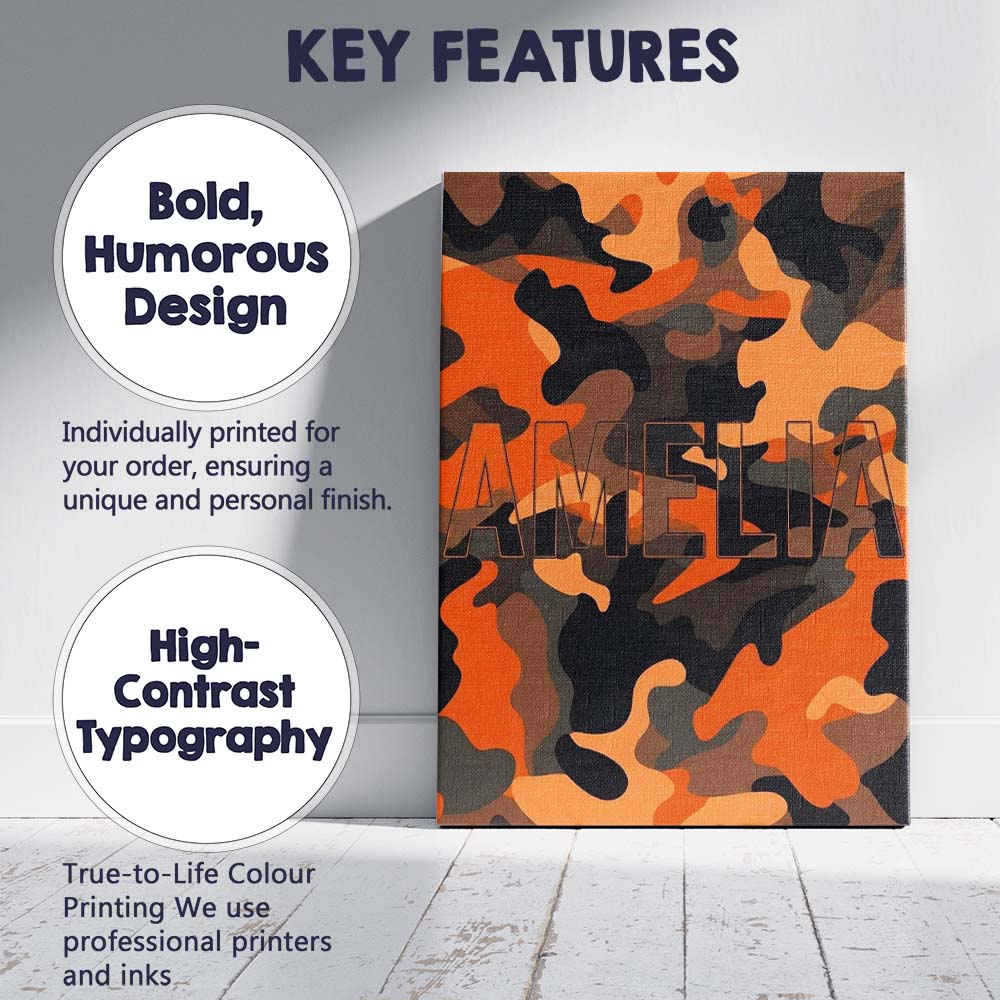 Personalised Name Orange Black Urban Camouflage Bold Seamless Custom Contemporary Display Canvas Wall Art Print Decor Picture Ready to Hang