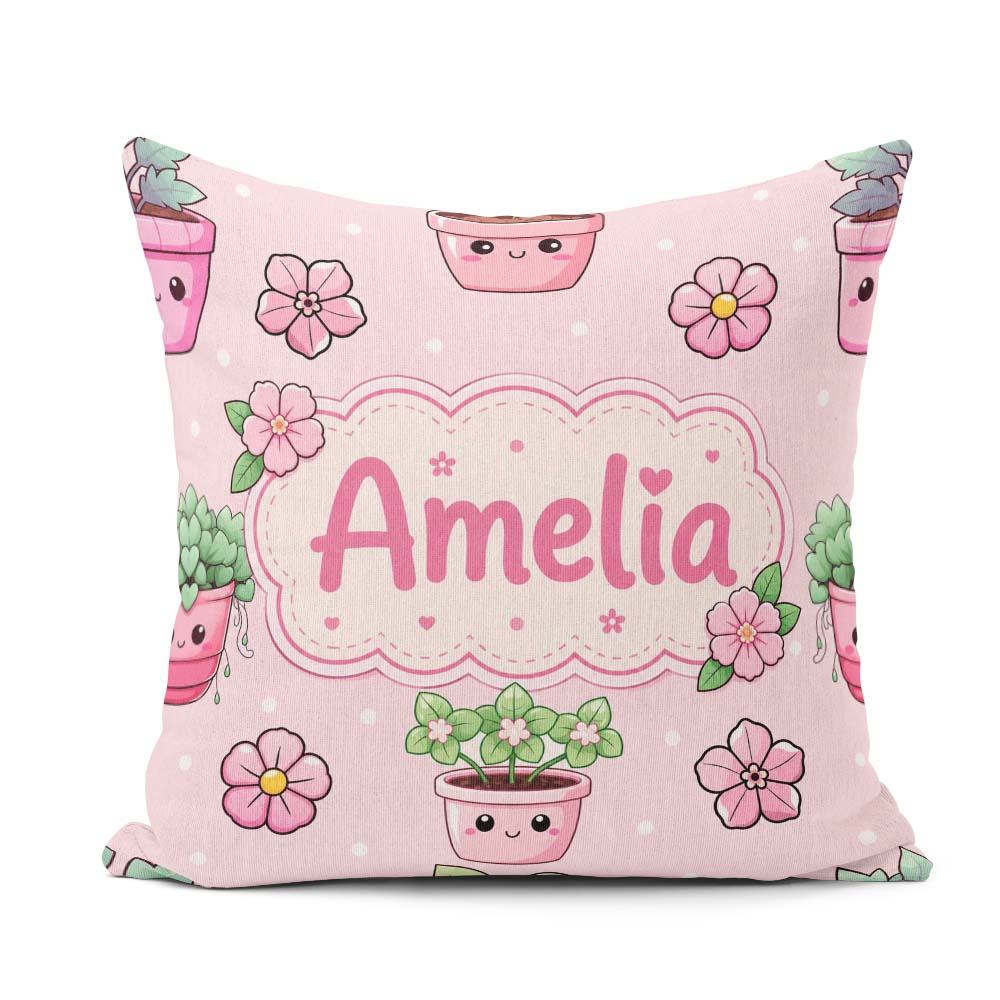 Custom Name Kawaii Pots Blossom Pink Background Seamless Pattern Square Filled Cushion Throw Pillow Sofa Bed Home Decor Zip Washable UK Made