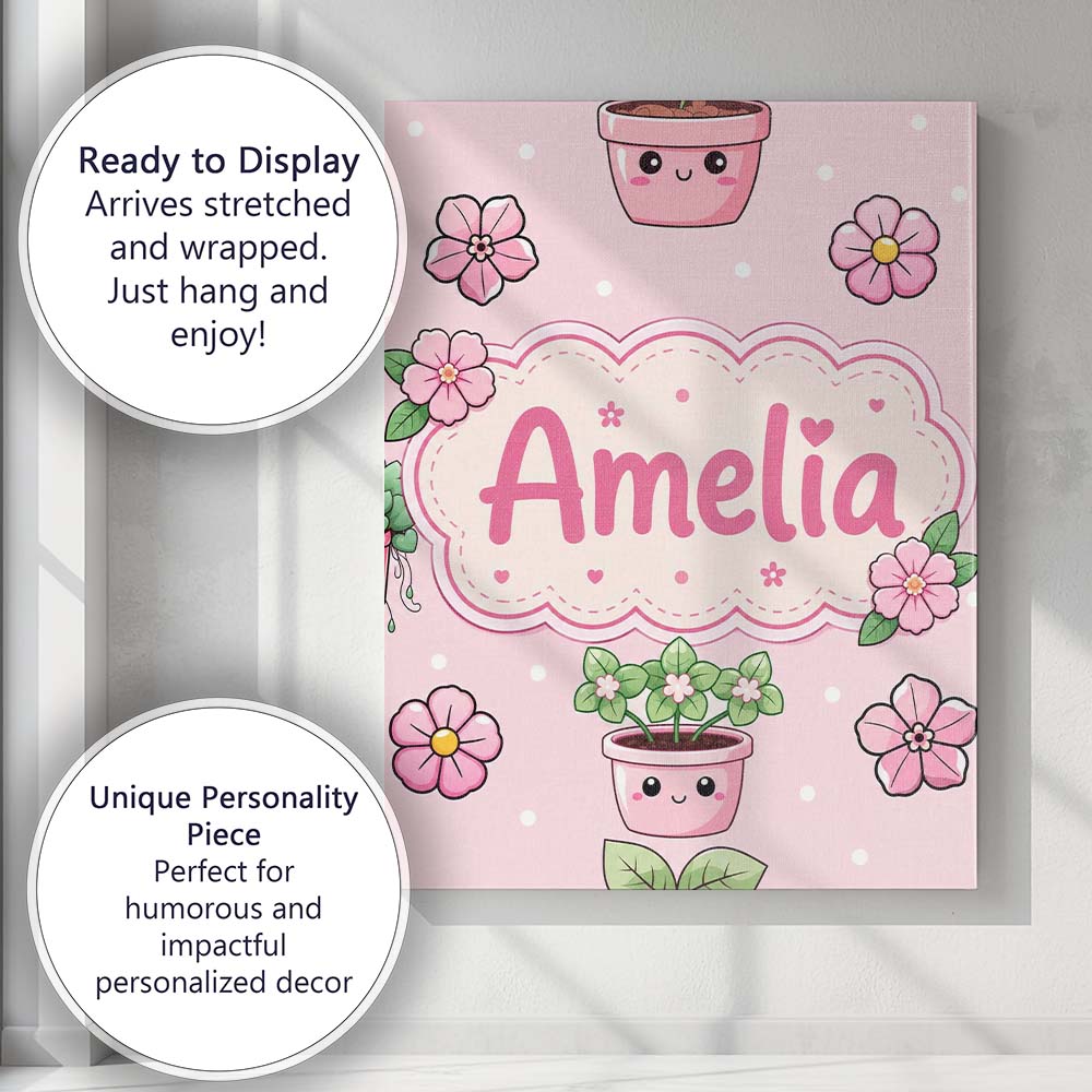 Personalised Name Cute Kawaii Flower Pots Custom Unique Gift Idea Elegant Feature Canvas Wall Art Print Decor Picture Ready to Hang