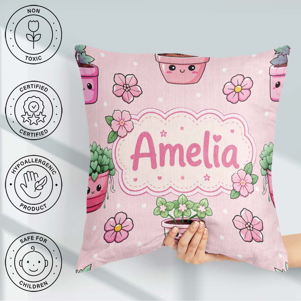 Custom Name Kawaii Pots Blossom Pink Background Seamless Pattern Square Filled Cushion Throw Pillow Sofa Bed Home Decor Zip Washable UK Made