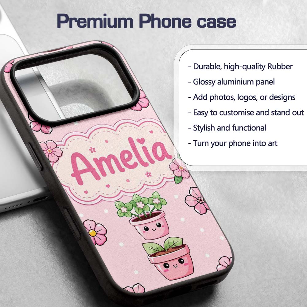 Cute Kawaii Flower Pots Blossom Pink Background Custom Name Protective Phone Case Mobile Cover Durable Everyday Smartphone Shock Resistant