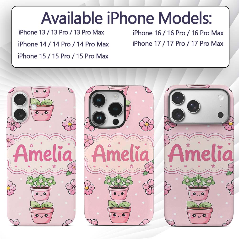 Cute Kawaii Flower Pots Blossom Pink Background Custom Name Protective Phone Case Mobile Cover Durable Everyday Smartphone Shock Resistant