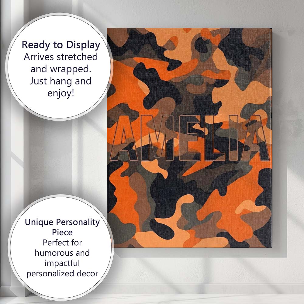 Personalised Name Orange Black Urban Camouflage Bold Seamless Custom Contemporary Display Canvas Wall Art Print Decor Picture Ready to Hang