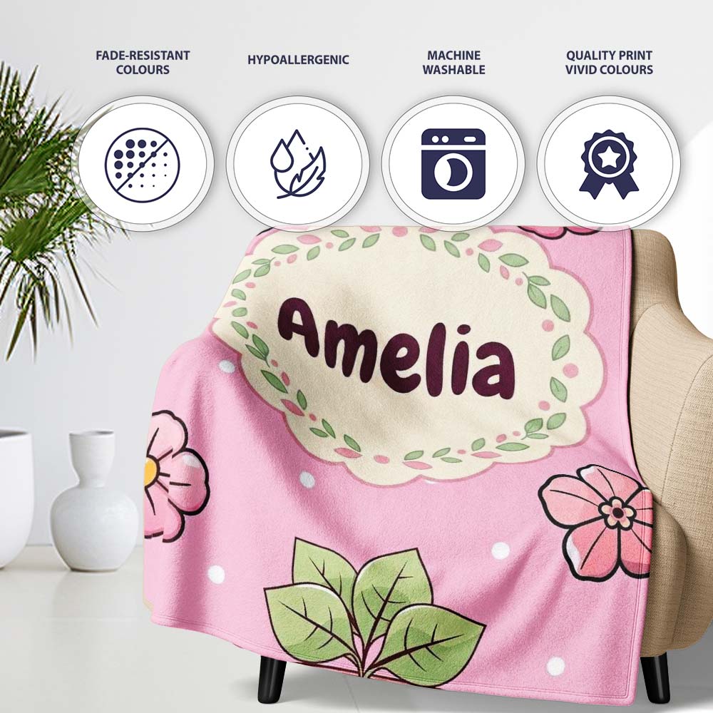 Cute Kawaii Flower Pots Blossom Soft Pink Background Seamless Personalised Custom Name Super Soft Fleece Blanket Bed Sofa Throw