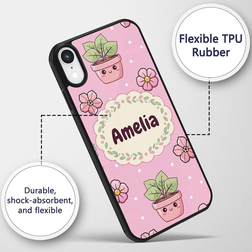 Cute Kawaii Flower Pots Blossom Printed Design Custom Name Protective Phone Case Mobile Cover Durable Everyday Smartphone Shock Resistant