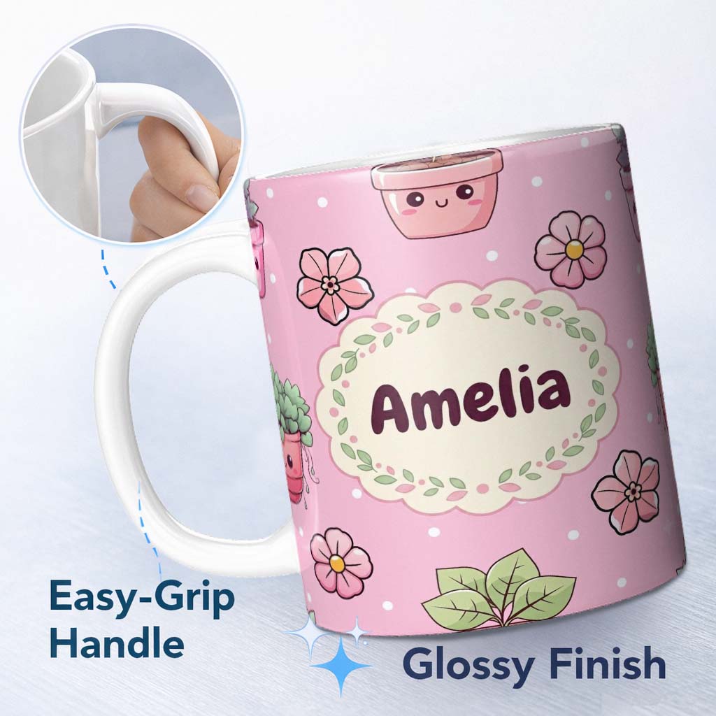 Personalized Custom Name Cute Kawaii Flower Pots Blossom Soft Pink Background Seamless 11oz Ceramic Coffee Tea Mug White Large Handle