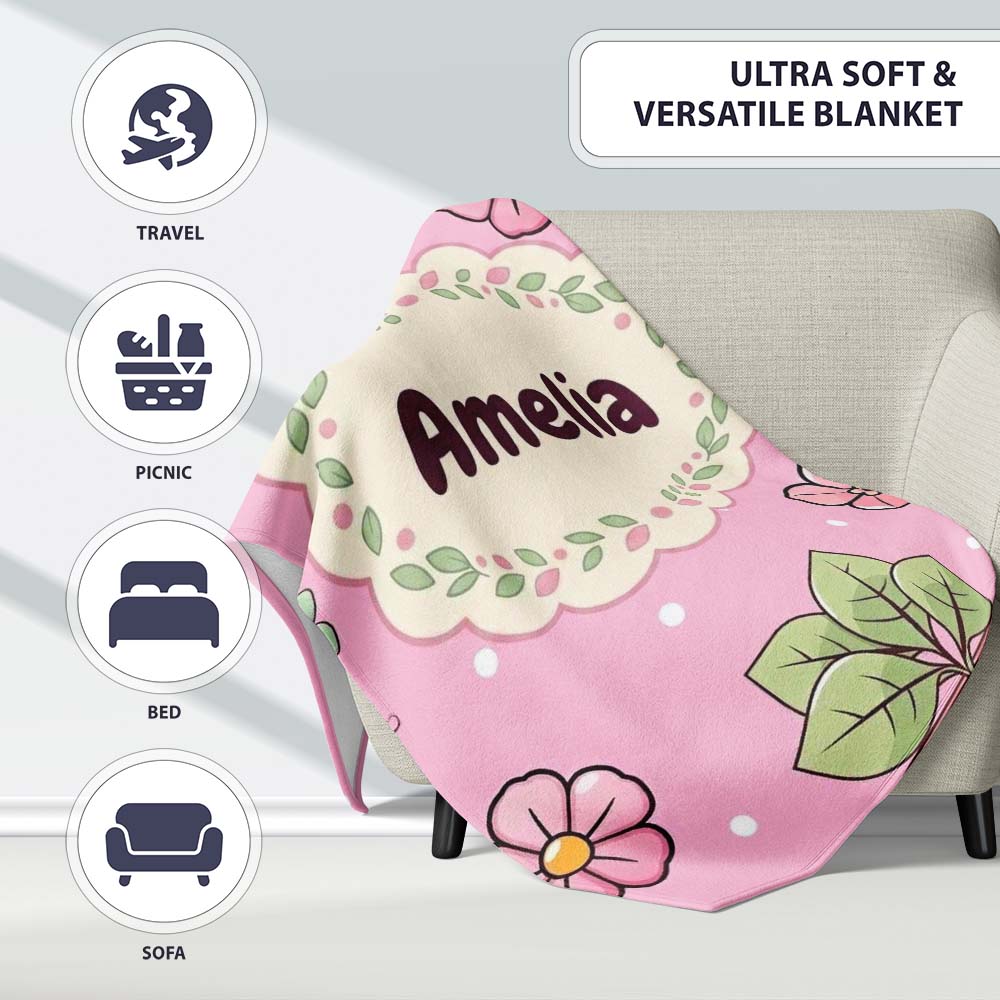 Cute Kawaii Flower Pots Blossom Soft Pink Background Seamless Personalised Custom Name Super Soft Fleece Blanket Bed Sofa Throw