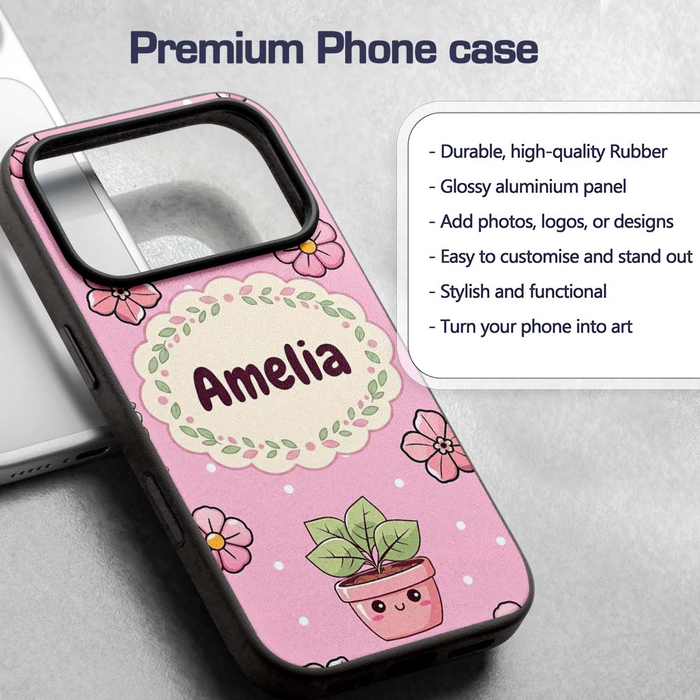 Cute Kawaii Flower Pots Blossom Printed Design Custom Name Protective Phone Case Mobile Cover Durable Everyday Smartphone Shock Resistant