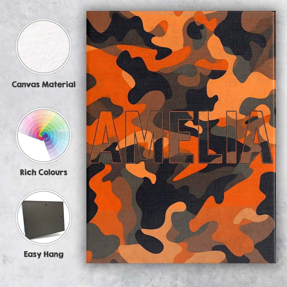 Personalised Name Orange Black Urban Camouflage Bold Seamless Custom Contemporary Display Canvas Wall Art Print Decor Picture Ready to Hang