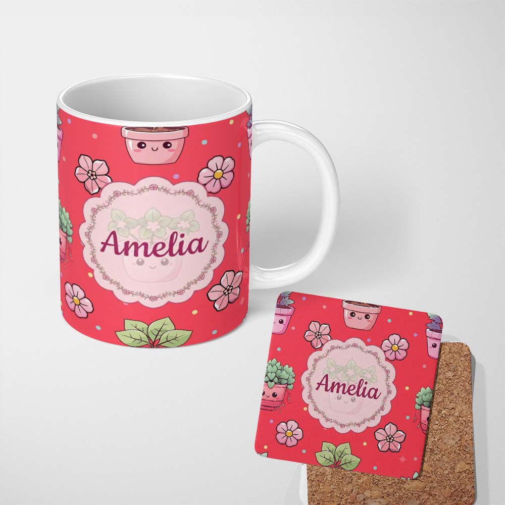 Personalized Custom Name Cute Kawaii Flower Pots Blossom Red Background Seamless Pattern Name 11oz Ceramic Coffee Tea Mug White Large Handle