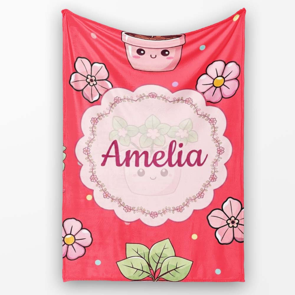 Cute Kawaii Flower Pots Blossom Red Background Seamless Pattern Name Personalised Custom Name Super Soft Fleece Blanket Bed Sofa Throw