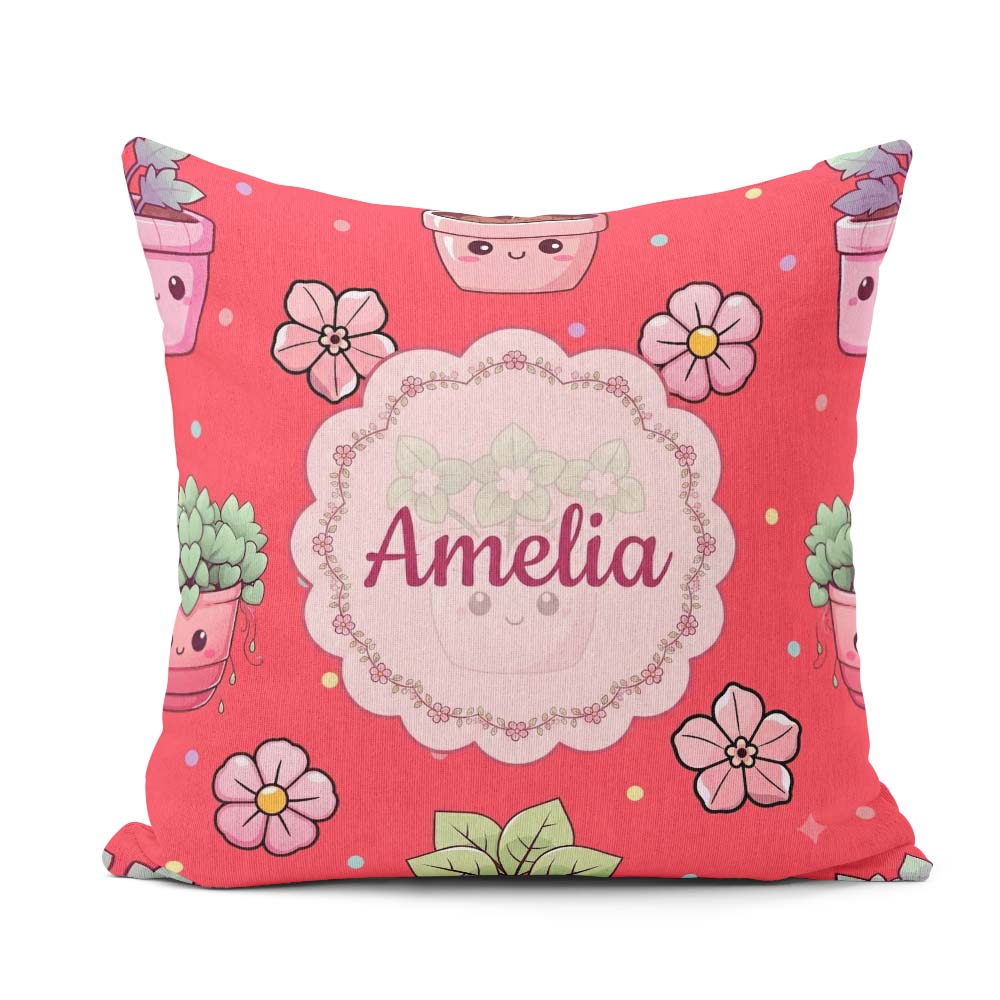 Custom Name Kawaii Flower Pots Blossom Red Seamless Pattern Name Square Filled Cushion Throw Pillow Sofa Bed Home Decor Zip Washable UK Made