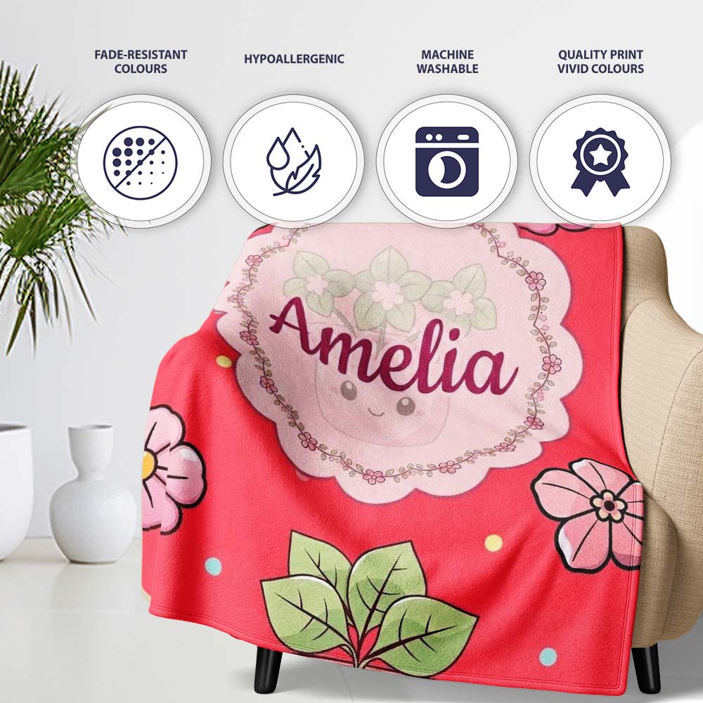 Cute Kawaii Flower Pots Blossom Red Background Seamless Pattern Name Personalised Custom Name Super Soft Fleece Blanket Bed Sofa Throw