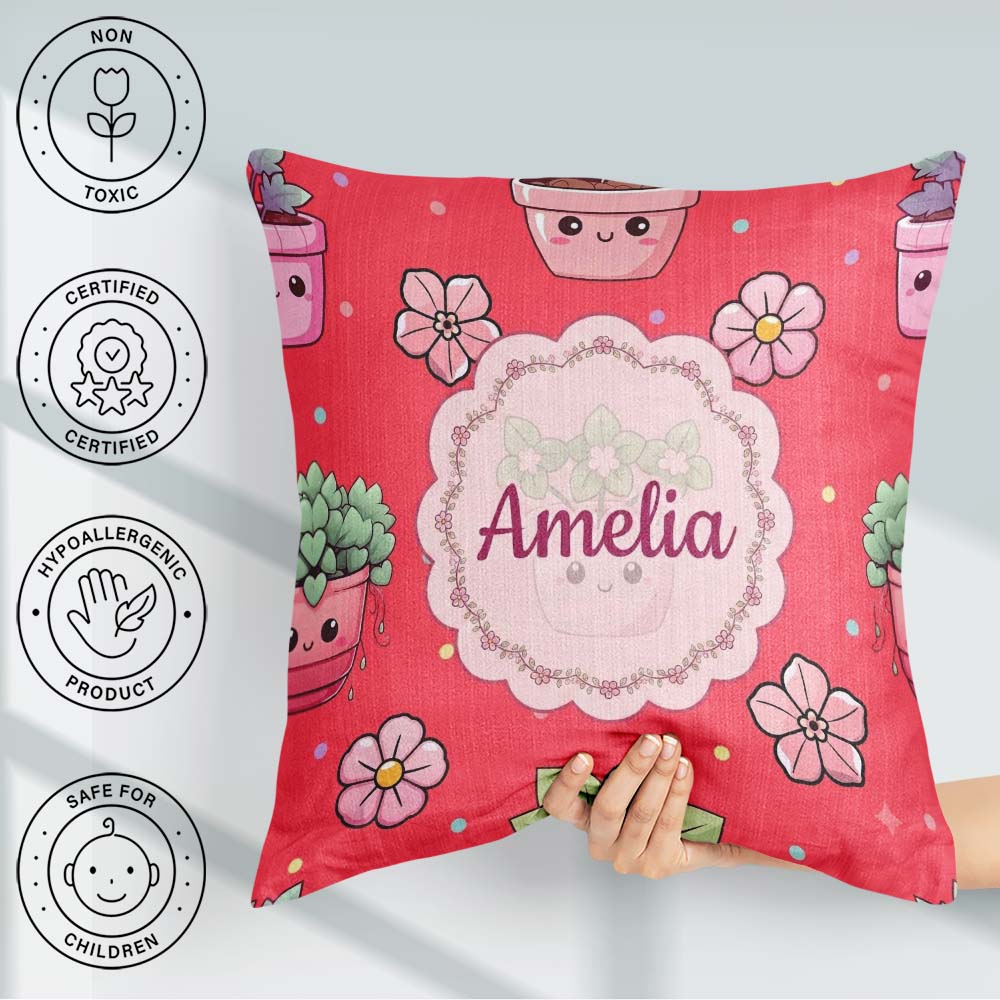 Custom Name Kawaii Flower Pots Blossom Red Seamless Pattern Name Square Filled Cushion Throw Pillow Sofa Bed Home Decor Zip Washable UK Made