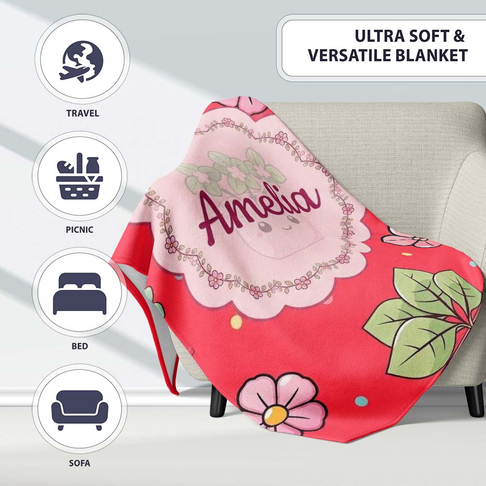 Cute Kawaii Flower Pots Blossom Red Background Seamless Pattern Name Personalised Custom Name Super Soft Fleece Blanket Bed Sofa Throw