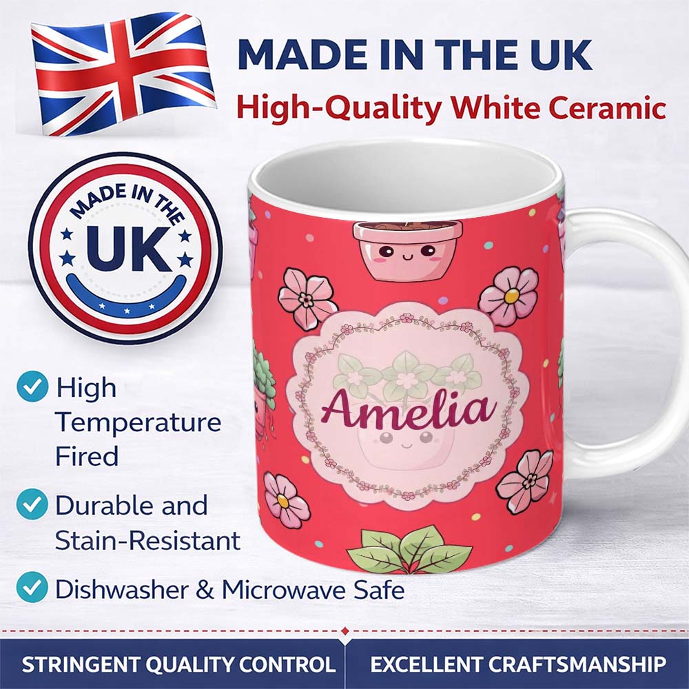 Personalized Custom Name Cute Kawaii Flower Pots Blossom Red Background Seamless Pattern Name 11oz Ceramic Coffee Tea Mug White Large Handle
