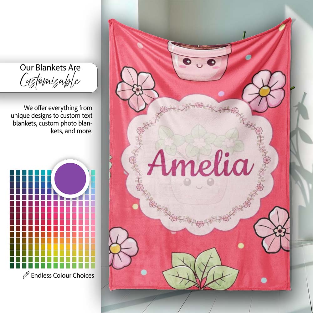Cute Kawaii Flower Pots Blossom Red Background Seamless Pattern Name Personalised Custom Name Super Soft Fleece Blanket Bed Sofa Throw