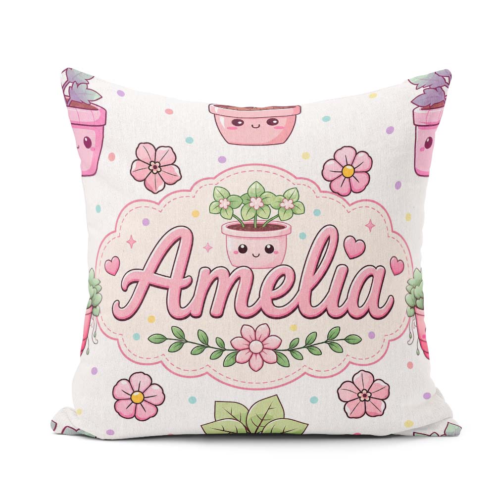 Custom Name Kawaii Pots Blossom Grey Background Seamless Pattern Square Filled Cushion Throw Pillow Sofa Bed Home Decor Zip Washable UK Made