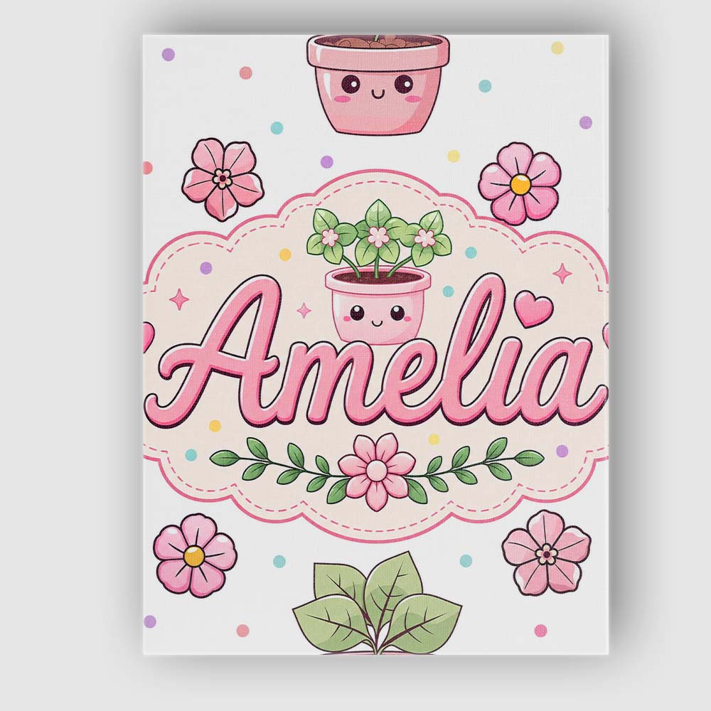 Personalised Name Cute Kawaii Flower Pots Custom Unique Gift Idea Elegant Feature Canvas Wall Art Print Decor Picture Ready to Hang
