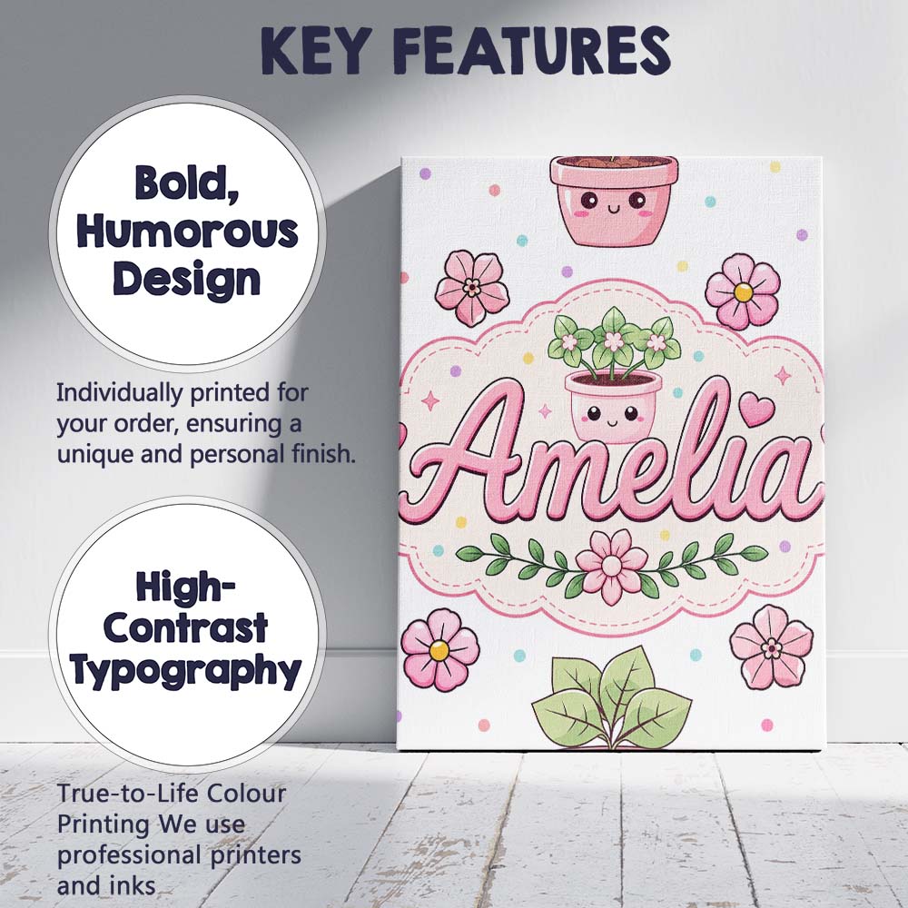 Personalised Name Cute Kawaii Flower Pots Custom Unique Gift Idea Elegant Feature Canvas Wall Art Print Decor Picture Ready to Hang