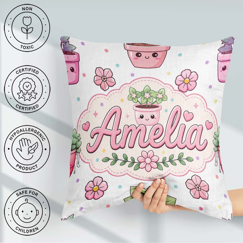 Custom Name Kawaii Pots Blossom Grey Background Seamless Pattern Square Filled Cushion Throw Pillow Sofa Bed Home Decor Zip Washable UK Made