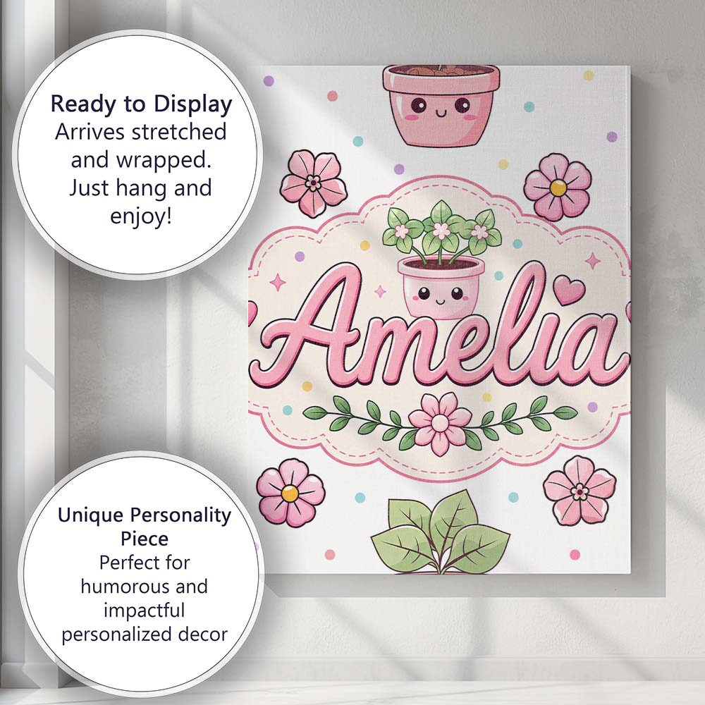 Personalised Name Cute Kawaii Flower Pots Custom Unique Gift Idea Elegant Feature Canvas Wall Art Print Decor Picture Ready to Hang