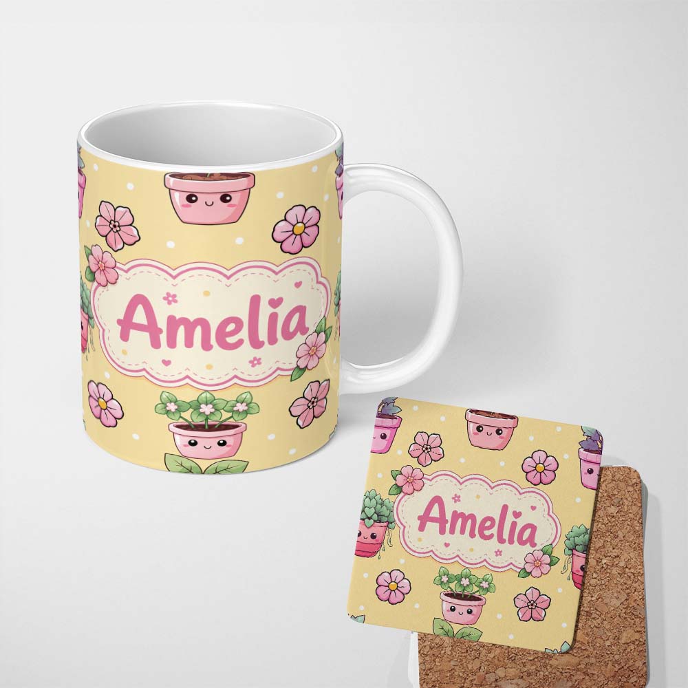 Personalized Custom Name Cute Kawaii Flower Pots Blossom Yellow Background Seamless Pattern 11oz Ceramic Coffee Tea Mug White Large Handle