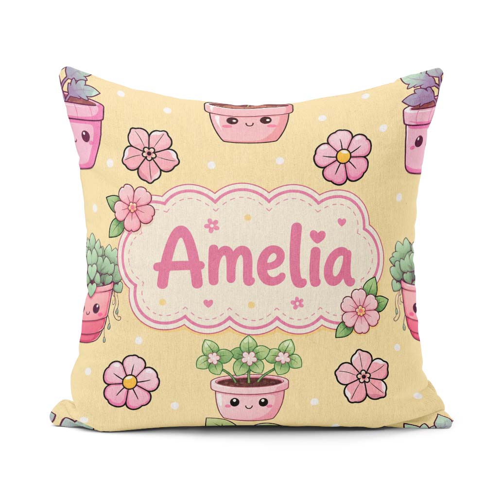 Custom Name Kawaii Flower Pots Blossom Yellow Background Pattern Square Filled Cushion Throw Pillow Sofa Bed Home Decor Zip Washable UK Made