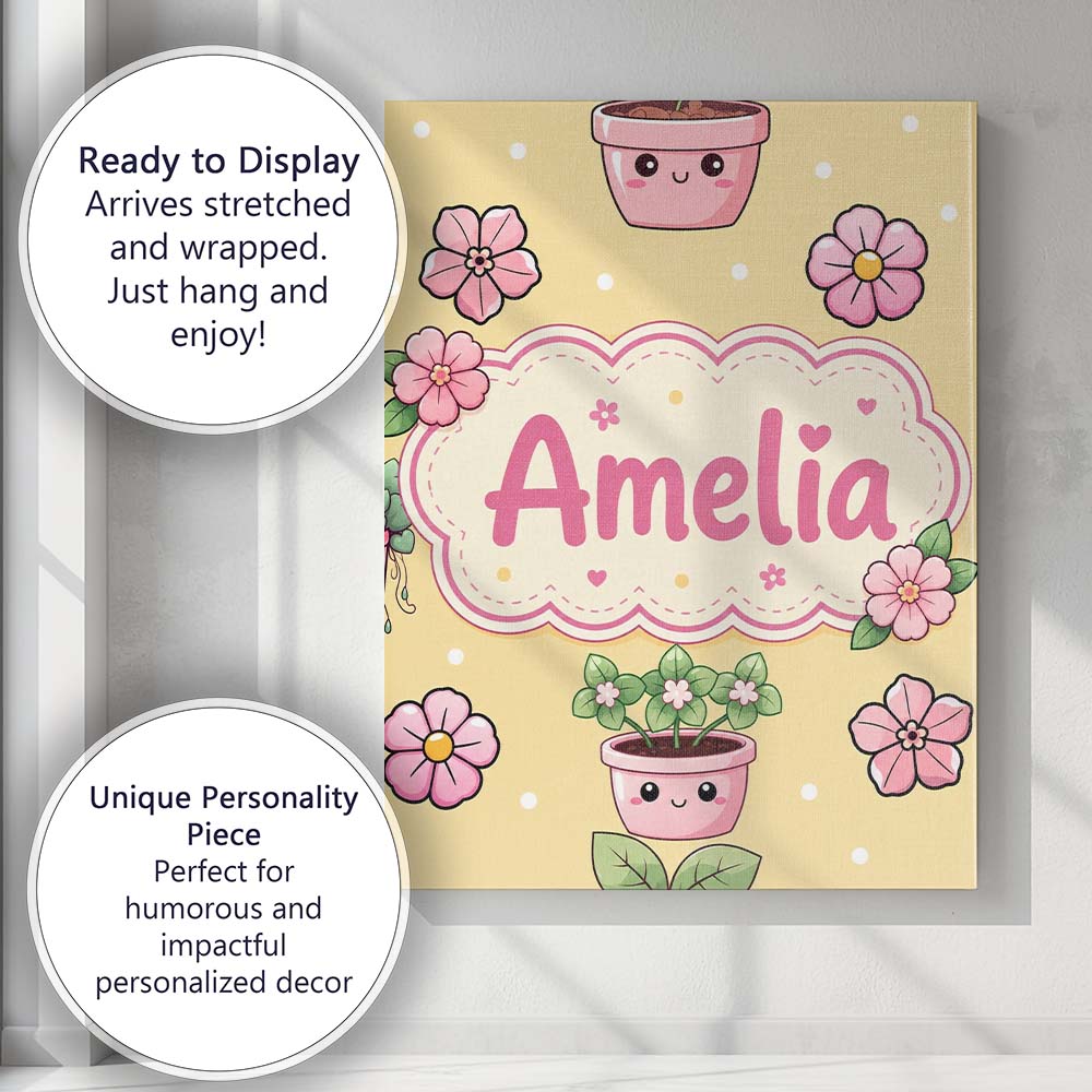 Personalised Name Cute Kawaii Flower Pots Custom Unique Gift Idea Elegant Feature Canvas Wall Art Print Decor Picture Ready to Hang