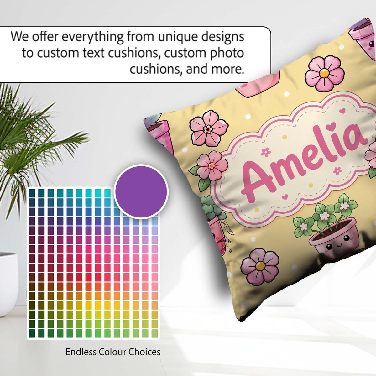 Custom Name Kawaii Flower Pots Blossom Yellow Background Pattern Square Filled Cushion Throw Pillow Sofa Bed Home Decor Zip Washable UK Made