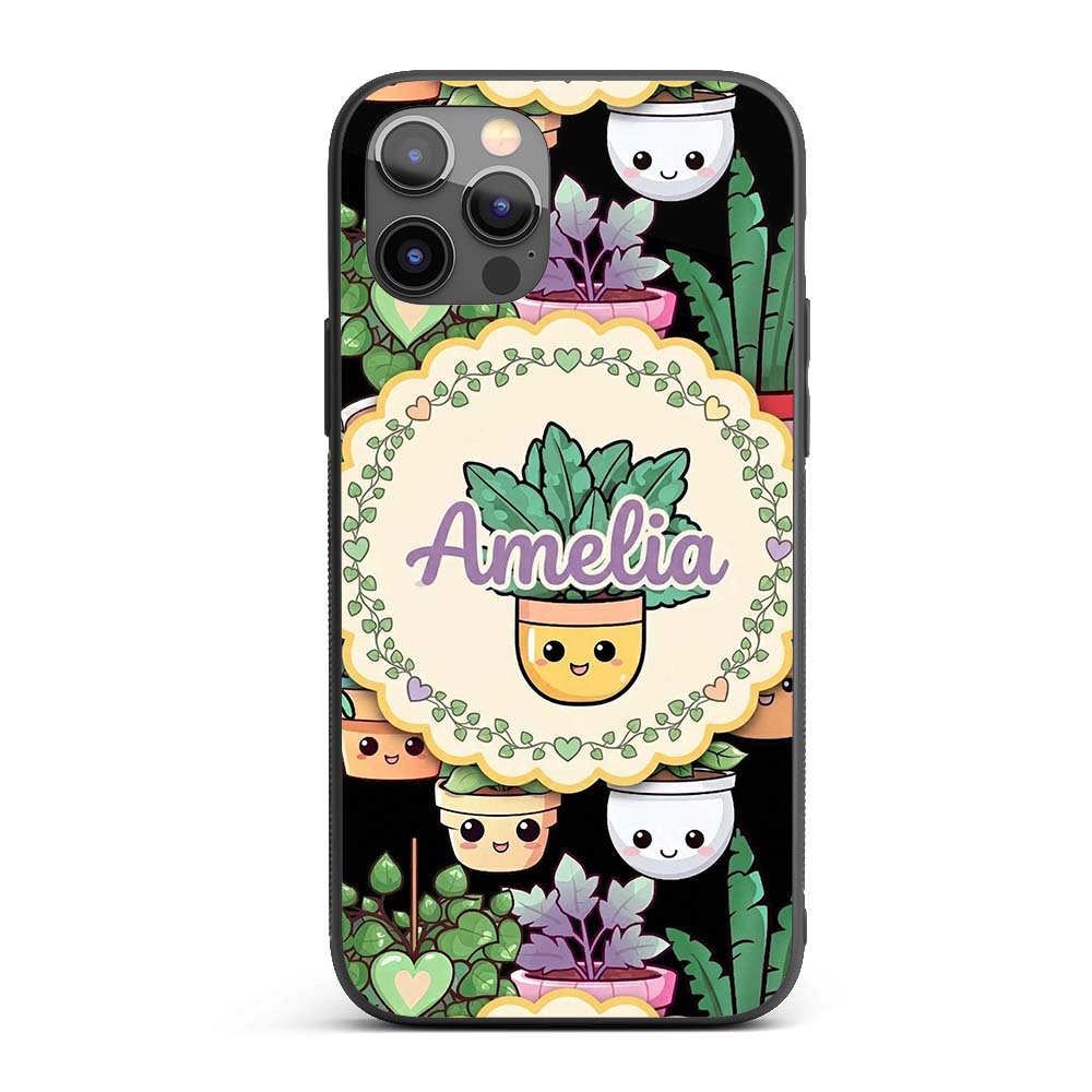 Cute Kawaii Indoor House Plants Black Background Custom Name Protective Phone Case Mobile Cover Durable Everyday Smartphone Shock Resistant