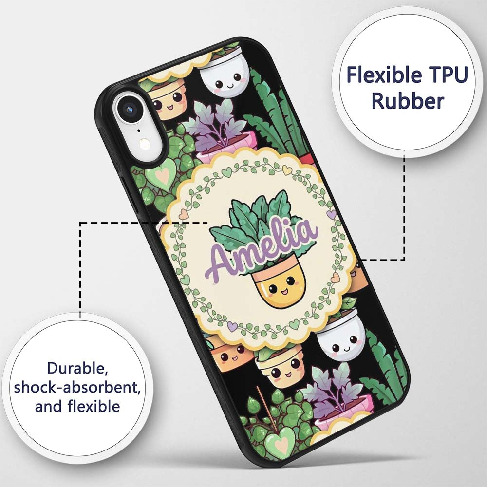 Cute Kawaii Indoor House Plants Black Background Custom Name Protective Phone Case Mobile Cover Durable Everyday Smartphone Shock Resistant