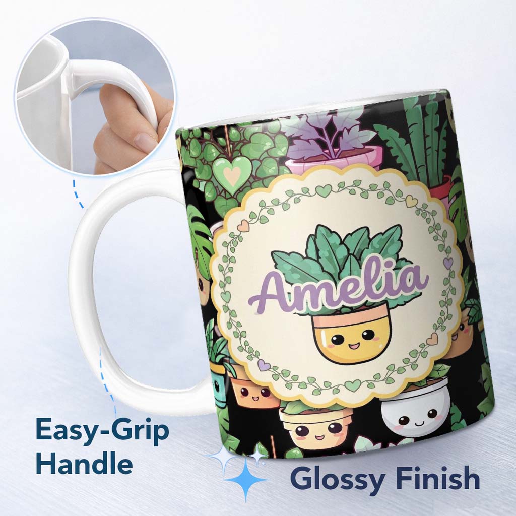 Personalized Custom Name Cute Kawaii Indoor House Plants Black Background Seamless Pattern 11oz Ceramic Coffee Tea Mug White Large Handle