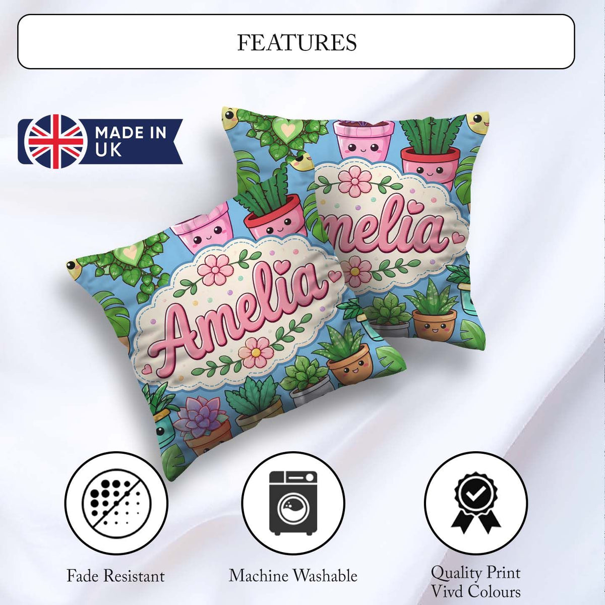 Custom Name Kawaii Indoor House Blue Background Seamless Pattern Square Filled Cushion Throw Pillow Sofa Bed Home Decor Zip Washable UK Made