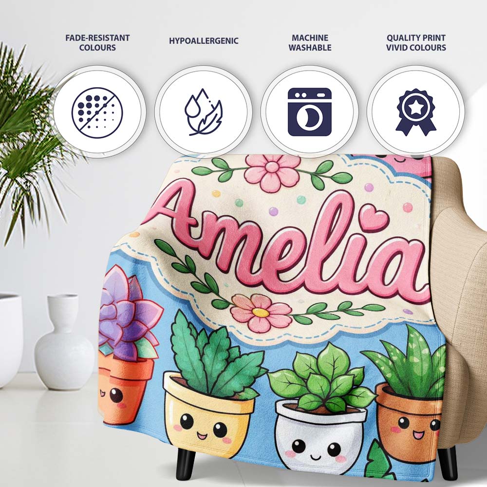Cute Kawaii Indoor House Plants Blue Background Seamless Pattern Personalised Custom Name Super Soft Fleece Blanket Bed Sofa Throw