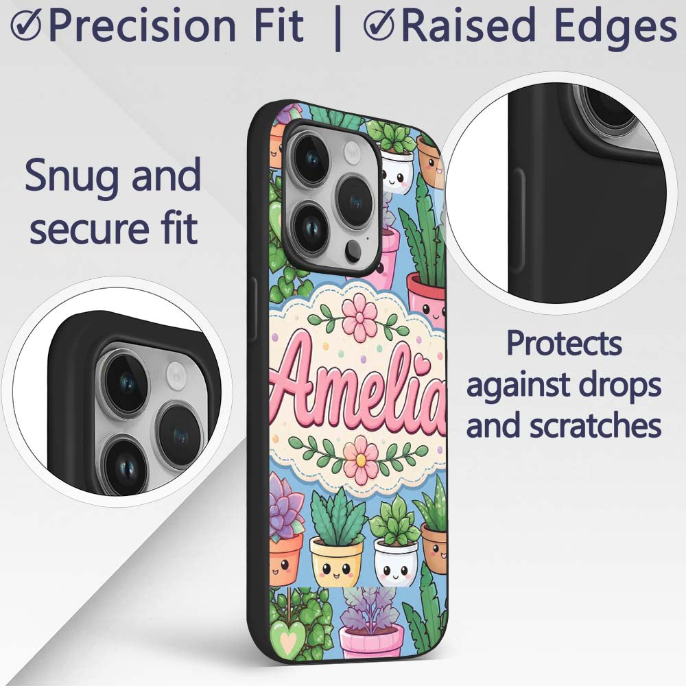 Cute Kawaii Indoor House Plants Blue Background Custom Name Protective Phone Case Mobile Cover Durable Everyday Smartphone Shock Resistant